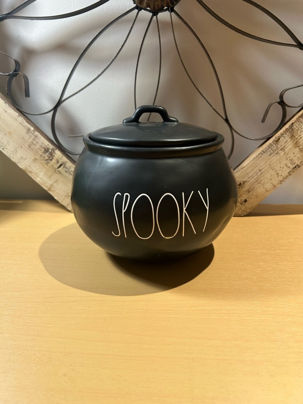 Rae Dunn Black "SPOOKY" Ceramic Cauldron Jar